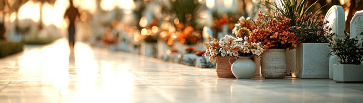 Beautiful flower arrangements in a sunlit pathway