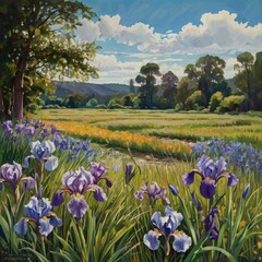 Fototapeta premium A spring mountain meadow, carpeted with colorful wildflowers amidst lush green grass, a blue sky, and a picturesque landscape.