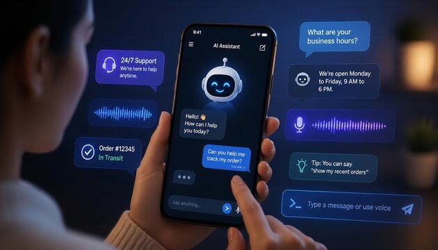 Person holding modern smartphone interacting with glowing holographic chatbot interface featuring chat bubbles and virtual assistant features
