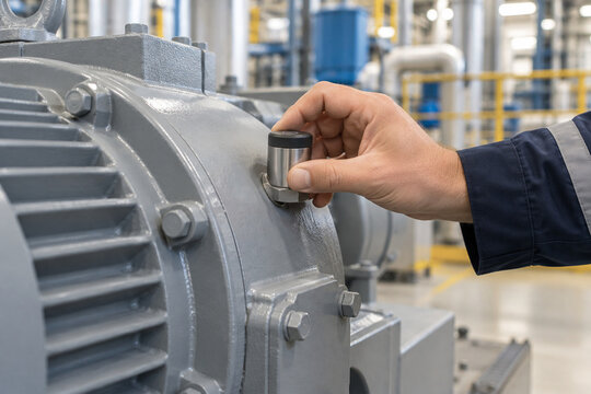 Technician installing vibration sensor on industrial machine