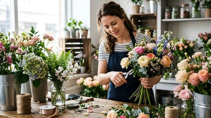 Fototapeta premium Female florist trimming stems with secateurs while arranging colorful fresh flower bouquet