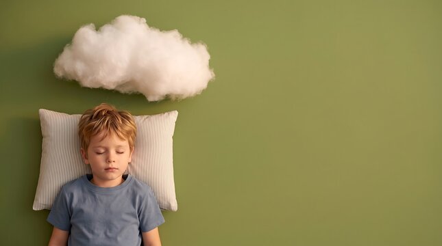 Little boy resting with his eyes closed on a striped pillow with a fluffy white cloud floating above his head on a green background