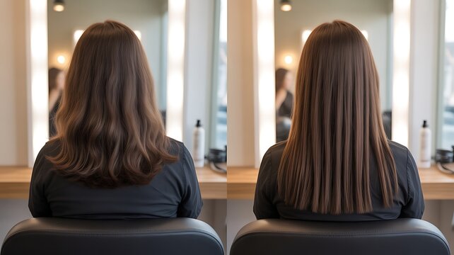 Dramatic hair transformation before and after a precision cut and style at the salon