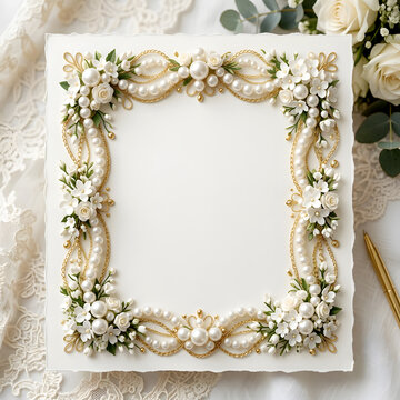 An elegant square white wedding invitation card featuring an ornate, three-dimensional decorative border made of pearls, gold chains, and delicate white flowers.