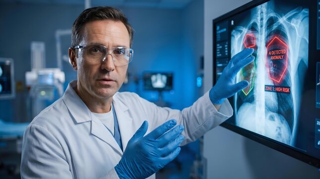 A doctor in a modern medical facility explains an AI-powered chest X-ray analysis, highlighting detected lung abnormalities and high-risk areas on a digital display.