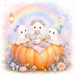 Obraz premium Three Cute Ghosts Enjoying Tea Party on a Pumpkin with Rainbow