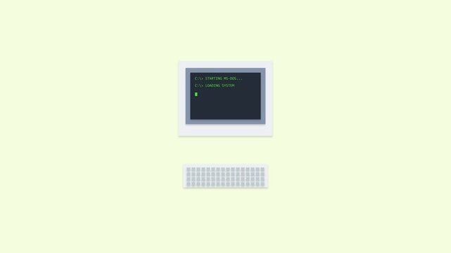 Minimalist vector animation of old computer booting up
