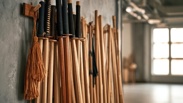 Traditional wooden martial arts weapons including bokken and bo staff displayed on a plain background, highlighting craftsmanship and traditional combat training tools.