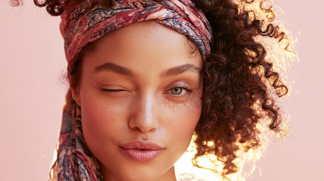 Young woman with curly hair and a headscarf winks with glitter on her face with winking glitter makeup her cheek eye