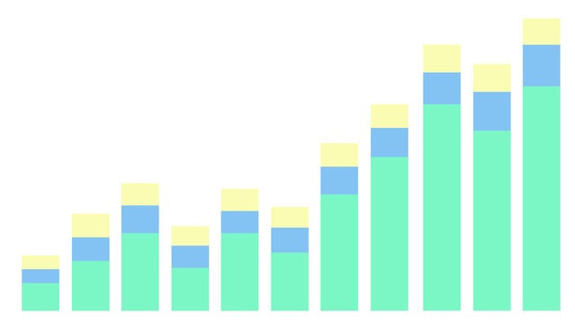 Minimal stacked bar chart rising from left to right on a transparent background, showing growth, progress, and positive business results.