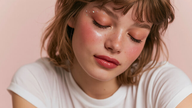Woman with glitter makeup and rosy cheeks looking down against a soft pink background with wearing white t shirt