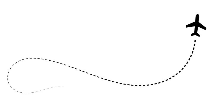 Flight path dotted curve line route start point to destination concept of travel, foreign tour, navigation, plane route map. Black aircraft travel route with dashed line path. Vector illustration.
