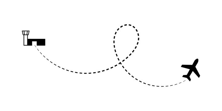 Flight path dotted curve line route start point to destination concept of travel, foreign tour, navigation, plane route map. Black aircraft travel route with dashed line path. Vector illustration.