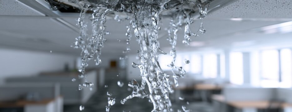 Water leaking from ceiling in an office space with open floor plan  