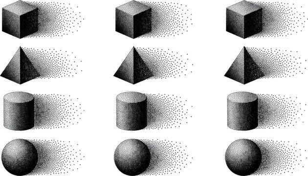 Vintage Stippled 3D Geometric Shape Vector Set Featuring Textured Cubes, Pyramids, Cylinders, and Spheres with Dotted Halftone Gradient Shading and Long Cast Shadows
