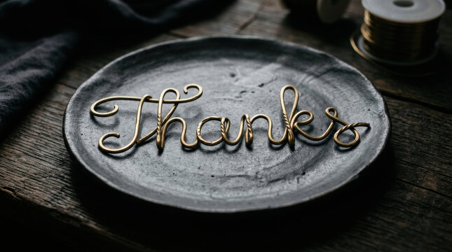 Thanks word made from wire on plate with festive background for celebration and gratitude concept