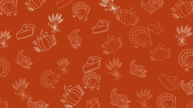 Classic Thanksgiving doodle pattern: turkey, pumpkin pie, cornucopia, wheat bundle. Seamless loop, cream line art on orange background.