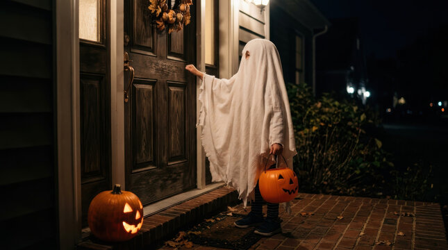Child dressed as ghost holding pumpkin bucket knocking on door with festive background of Halloween night and glowing jack o lantern