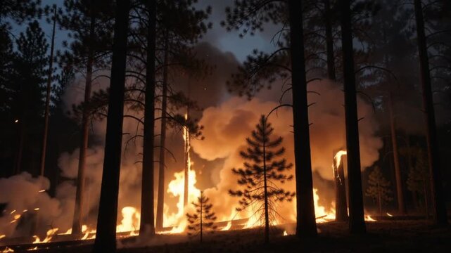 Intense Wildfire Burning Through Dense Pine Forest at Night With Rising Flames, Thick Smoke, and Glowing Flying Embers