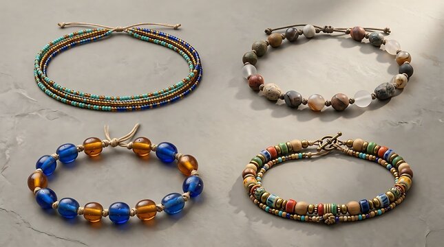 A collection of four handcrafted african waist beads and artisanal bracelets arranged on a neutral stone background