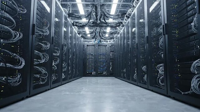 Advanced industrial data center facility featuring rows of powerful server racks and complex network cabling for high speed digital computing power