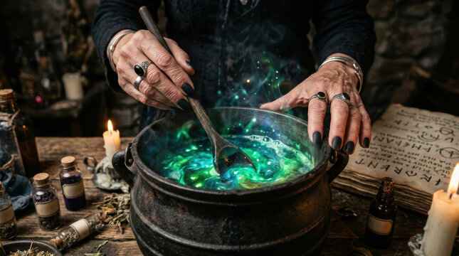 Festive background shows mystical scene with hands stirring glowing green potion in cauldron surrounded by candles and ancient books