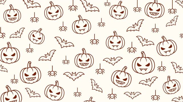 Halloween Pattern Seamless Loop with Vampire Pumpkins, Bats and Spiders in Brown Outline on Cream Background