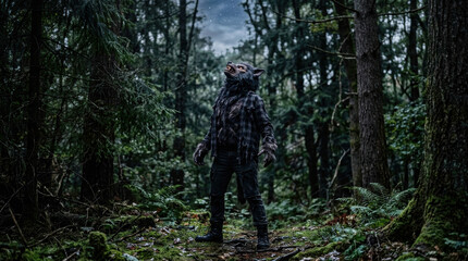 Fototapeta premium Werewolf costume in forest at night with festive background creating spooky atmosphere