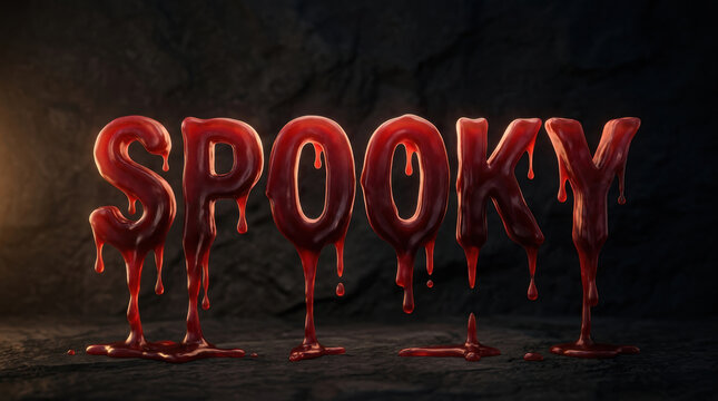 Spooky text with dripping red liquid creates festive background perfect for Halloween or horror themed designs and decorations