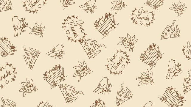 Give Thanks farmhouse doodle pattern: wreath typography, bird, harvest wagon, cottage house. Seamless loop, brown line art on cream.