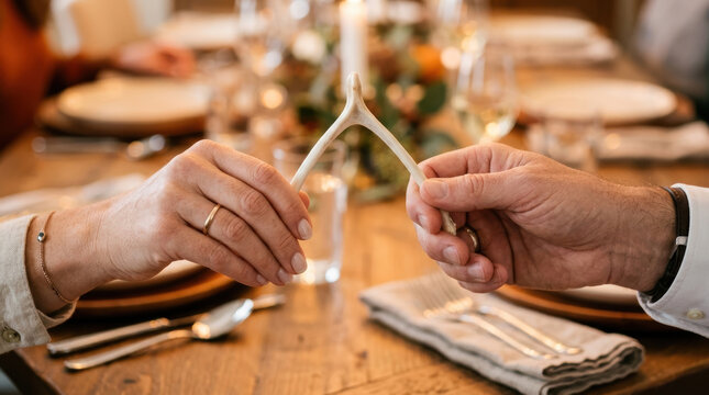 Festive background shows two hands holding wishbone over wooden table creating hopeful and joyful moment during holiday gathering