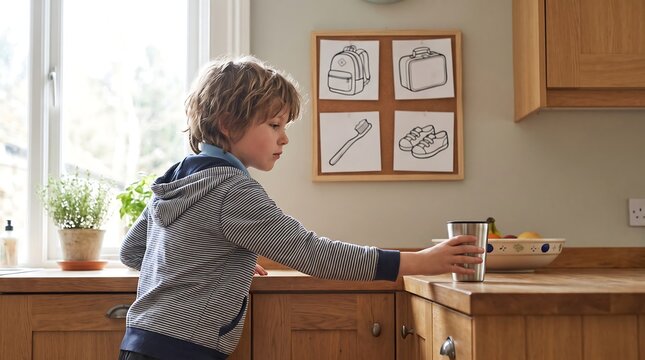Child Checking Picture Routine Cards Before School