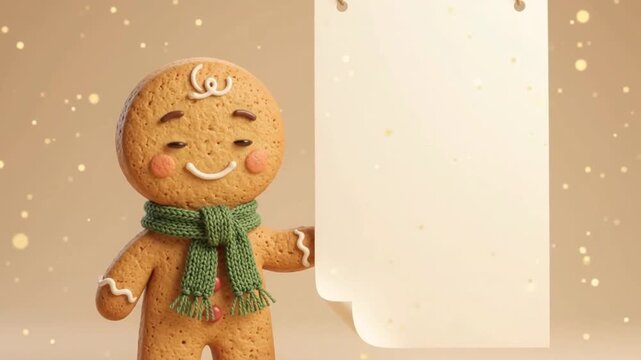 Happy gingerbread man wearing green scarf holding blank card message