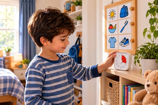 Child Checking Visual Routine Cards at Home