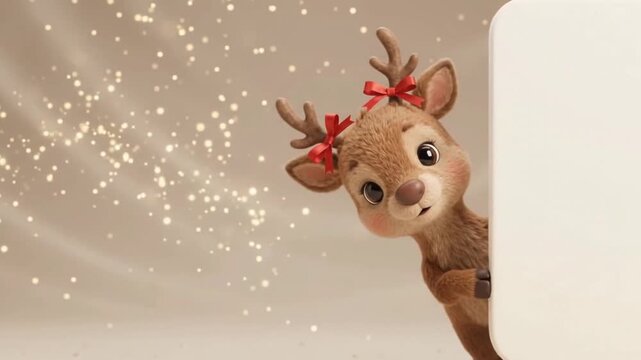Cute little reindeer peeking from behind blank sign for Christmas