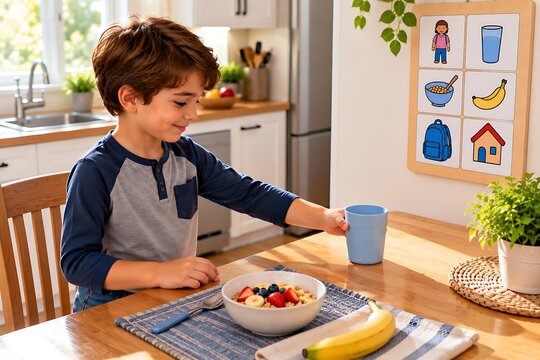 Child Eating Breakfast Independently Before School