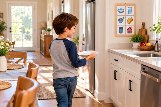 Child Completing Morning Kitchen Routine Independently