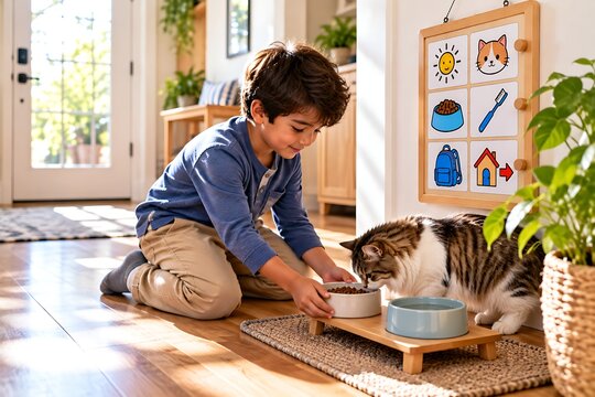 Child Feeding Family Pet as Part of Daily Routine