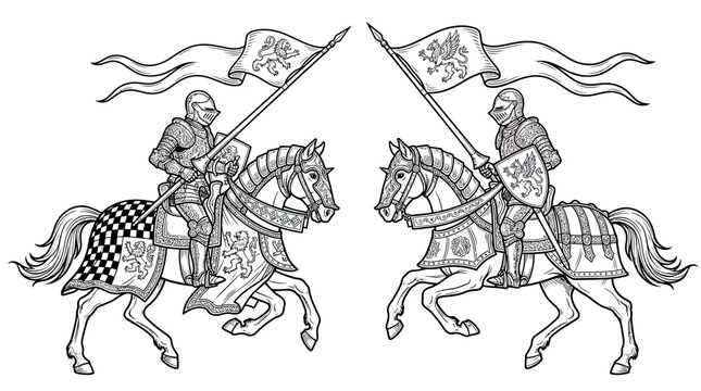 Medieval Knights on Horseback with Banners