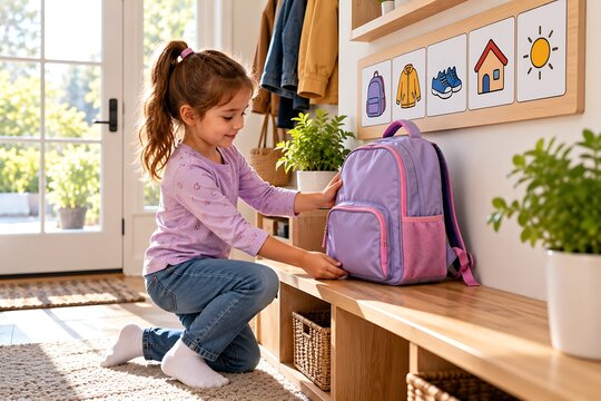Child Packing Backpack Independently Before School
