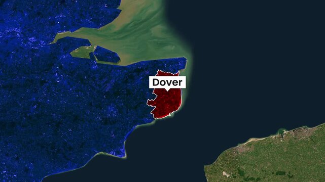 Satellite map animation zooming into Dover district in England video