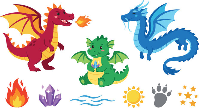 Cute Baby Dragon Fantasy Fairy Tale Mascot Clipart Collection Vector Featuring Flat Cartoon Fire Breathing Red Dragon Sitting Green Dragon Floating Blue Dragon Magic Crystals and Paw Print Elements.
