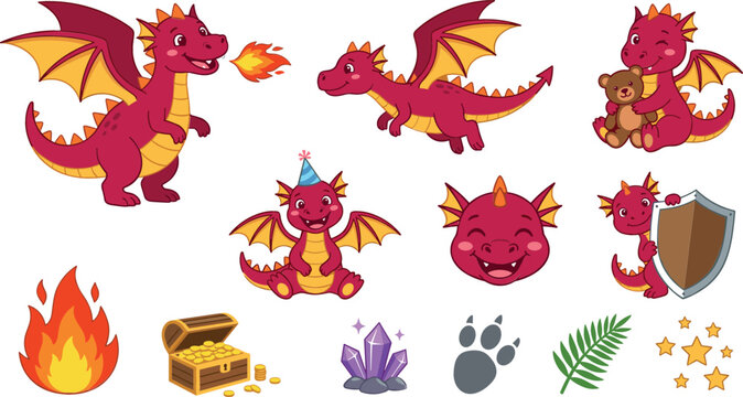 Cute Baby Dragon Fantasy Fairy Tale Mascot Clipart Collection Vector Featuring Flat Cartoon Fire Breathing Red Dragon Twin Wings Treasure Chest Wooden Shield and Magic Crystals Elements