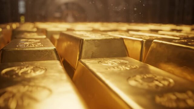 Rows of gleaming gold bars stacked inside a secure vault, representing wealth and financial security, with atmospheric lighting