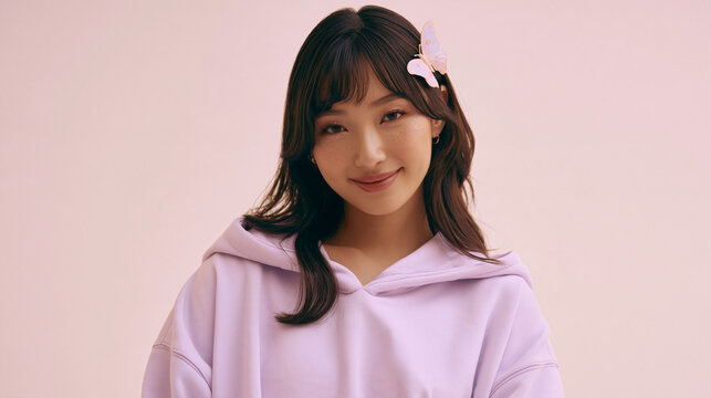 Young woman with bangs and butterfly hair clip smiles gently in a light purple hoodie against a soft pink background