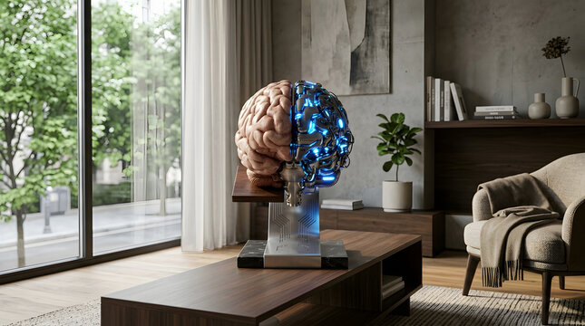 Futuristic human brain sculpture half biological half cybernetic on table.