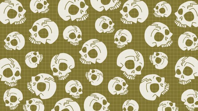 Seamless skull pattern motion graphic on olive green grid background