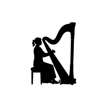 Black silhouette of harpist seated at a large concert, transparent background
