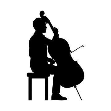 Black silhouette of seated cellist bowing a cello, transparent background