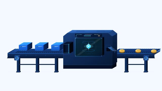 Continuous automated 2D isometric corporate tech production line converting blue boxes into gold coins via an advanced processing machine with moving conveyor 